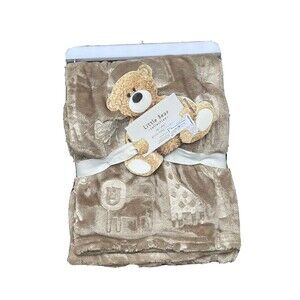 Little Bear Baby Blanket Safari Embossed Lion Monkey Light Brown Fleece New